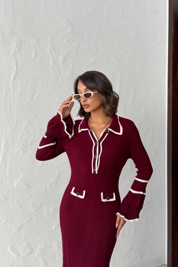 Lusin Women's Burgundy Polo Neck Stylish Button Detailed Long Sleeve Knitwear Dress (New Color)