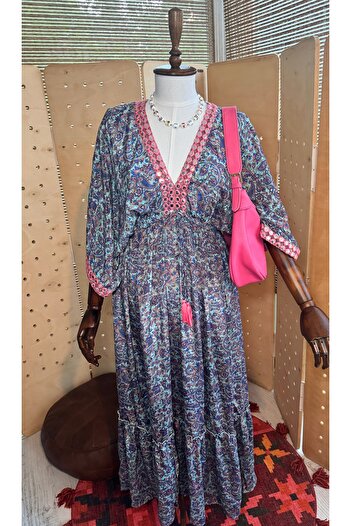 Matcha Butik Kadın Hint İpeği Etnik Uzun Elbise, Yaka Detaylı Bohem Otantik Stil, Standart Beden