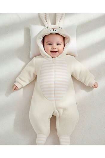 VOY KİDS 6-9 Months Hooded Rabbit-Themed Zippered Welsoft Winter Thick Jumpsuit with Ear Detail