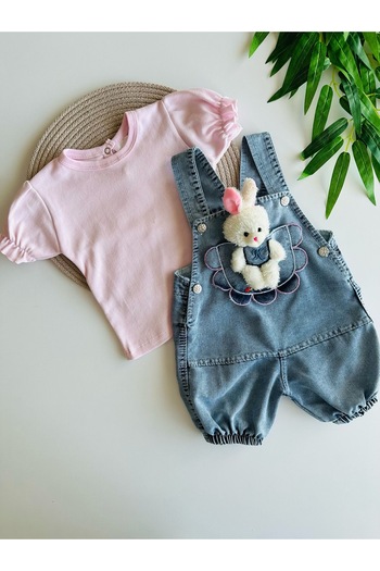 minço bebe Baby Girl Jeans Salopet with Toy Rabbit