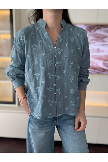 Matcha Butik Kadın Mavi Nakışlı Bohem Gömlek – Uzun Kollu Vintage Stil