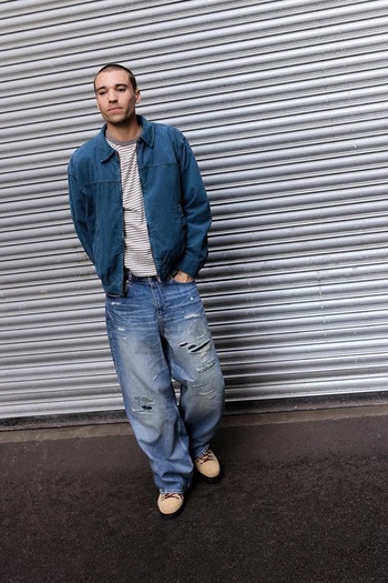 september island Vintage Blue Color Corduroy Bomber Coat Jacket