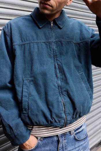 september island Vintage Mavi Renk Fitilli Kadife Bomber Mont Ceket