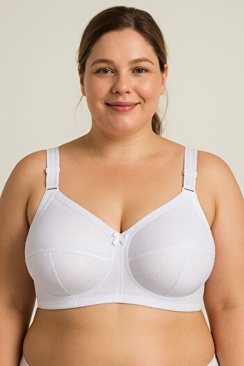 enmodaiçgiyim Plus Size D Cup Non-Sponge Non-Wired Patterned Gathering Bra – White