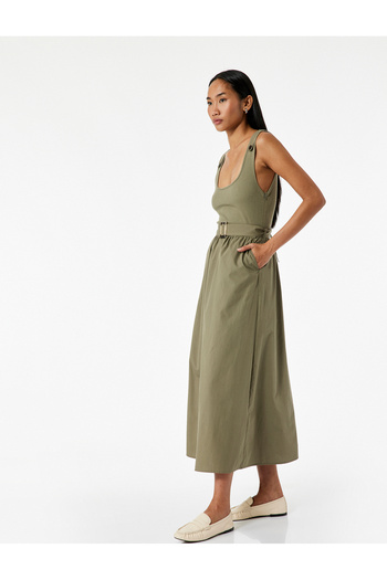 Koton A-Line Belted Thick Strap Midi Length Poplin Dress Using Two Different Fabrics
