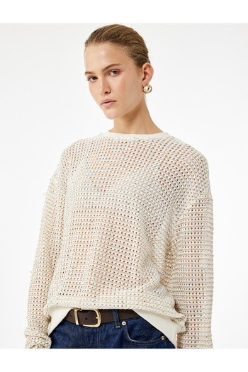 Koton Long Sleeve Crew Neck Glitter Beaded Openwork Sweater