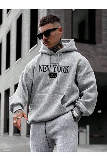 Mythologie New York 1995 Sweatshirt - Gray Printed Oversize Ribbon Hoodie