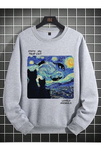 Mythologie 2-Piece Cat Night Design Sweatshirt - Black Gray Printed Oversize Ribbed Crew Neck
