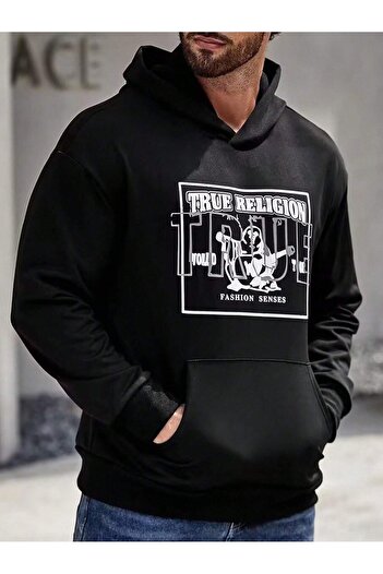 Mythologie Φούτερ True Religion - Μαύρο με στάμπα Oversize Hoodie με κουκούλα