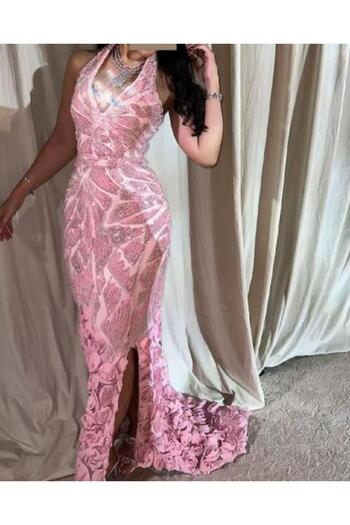 MEZON FASHION Luxury Pink Evening Dress with Floral Edges