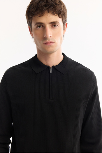 Avva Men's Black Polo Neck Zippered Rayon Sweater with Openwork Detail on the Neck A52Y5019