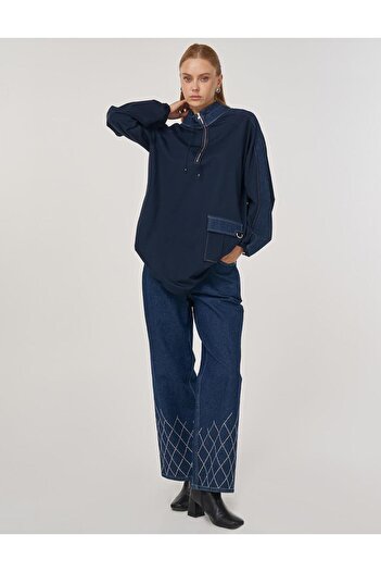 Kayra Fabric Garnished Stand Collar Sweatshirt Dark Navy Blue