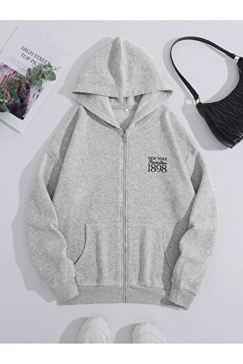 modaberry New York 1898 Cardigan - Gray Printed Winter Oversized Hooded Zippered Pocket Detailed Cardigan