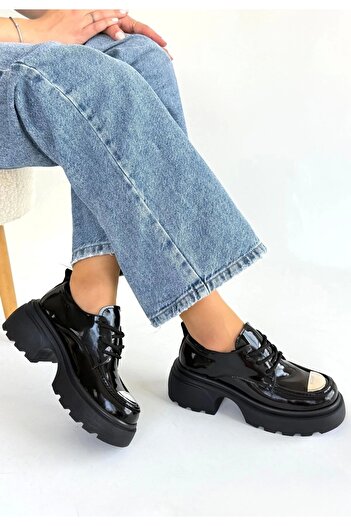 Işıltı kidss Kiya Black Patent Leather Wedge Heel Oxford Shoes