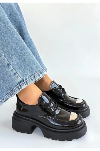Işıltı kidss Kiya Black Patent Leather Wedge Heel Oxford Shoes