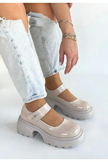 Işıltı kidss Siyat Beige Patent Leather Wedge Heel Oxford Shoes