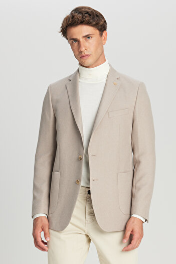 AC&Co / Altınyıldız Classics Men's Beige Slim Fit Slim-Fit Mono Collar Blazer Jacket with Pocket