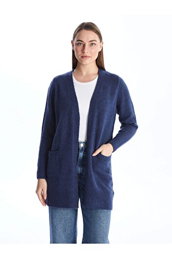 LC Waikiki Lcwaikiki Basic Indigo Shawl Collar Solid Long Sleeve Women Knitwear Cardigan