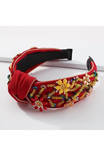 Pursehuit Red headband, with knot and stones, Teunis C2
