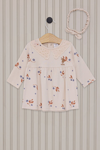 U.S. Polo Assn. Baby Girl Beige Floral Pattern Lace Collar Dress Bandana 2-Piece Set 50322805-Vr011