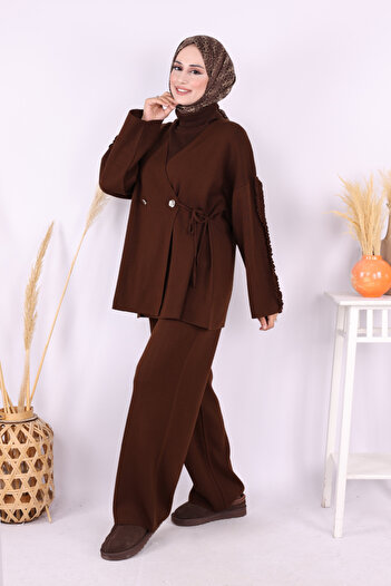 Bym Fashion Cardigan and Pants Set with Ruffled Sleeves 17026 Brown
