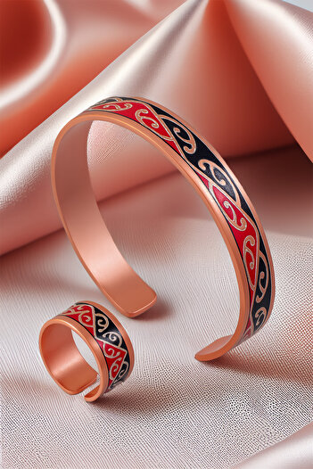 OSMANLI GÜMÜŞ Women's Copper Bracelet Ring Set - Carlotta Model Special Edition Metal Box and Quartz Stone