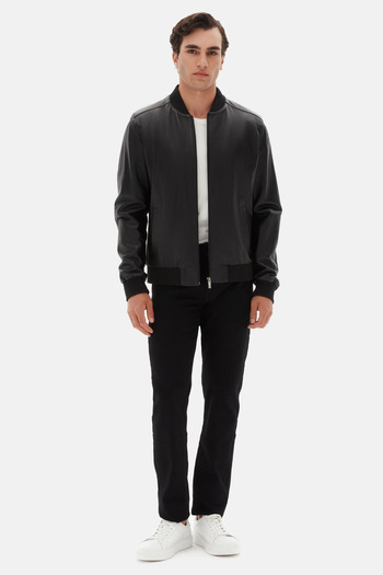D'S Damat Ds Damat Regular Fit Black Plain Leather Coat