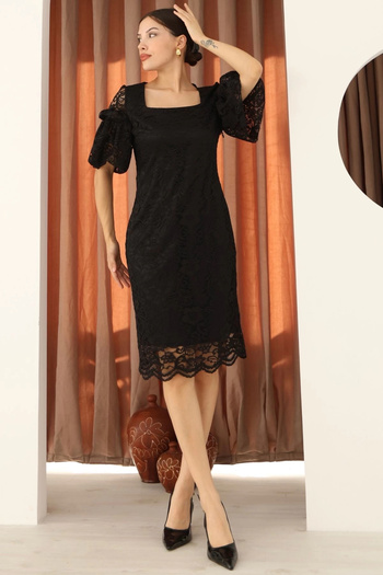 lodmela Square Neck Balloon Sleeve Lace Dress 6039-Black