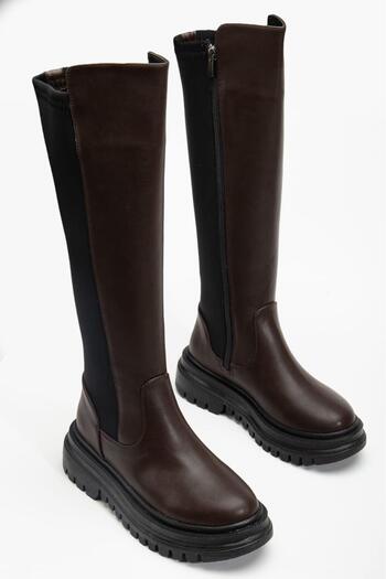 AYS SHOES Women's Zippered Stretch and Leather Detailed Knee-High Boots