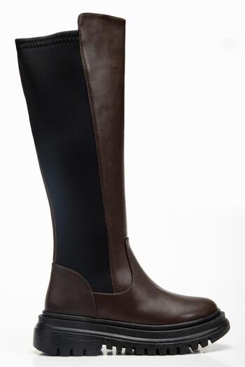 AYS SHOES Women's Zippered Stretch and Leather Detailed Knee-High Boots