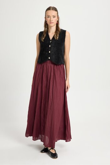 minaaise Women's Burgundy Voile Fabric Wrinkled Long Lined Skirt 29062
