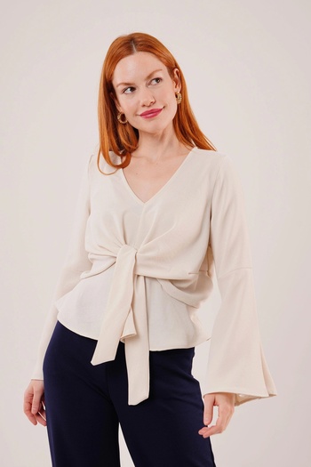 Butik Front Tie Flywheel Sleeve Ecru Blouse