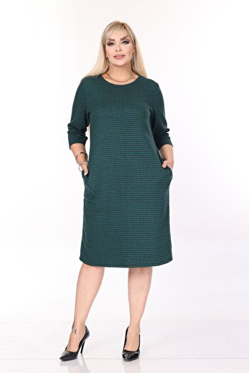 modayız Double Pocket Patterned Stretchy Winter Plus Size Midi Dress 45B-2700
