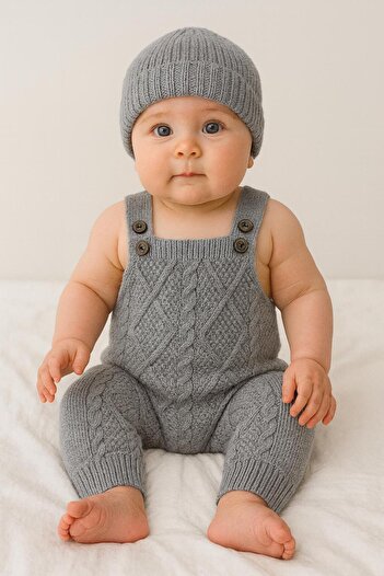 meriç bebe - bütün çocuklar melektir. mrc Baby Girl and Boy Adjustable Strap Diamond Pattern Beret Knitwear Salopet Set