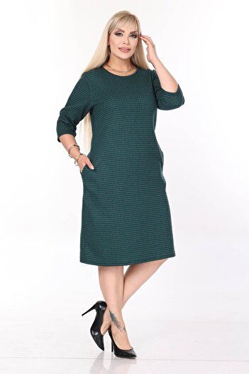 modayız Double Pocket Patterned Stretchy Winter Plus Size Midi Dress 45B-2700