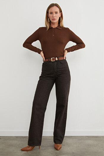 Fulla Moda Ribbed Polo Neck Half Button Knit Sweater