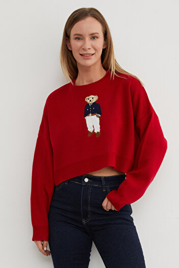 Fulla Moda Teddy Bear Embroidered Oversize Crop Sweater