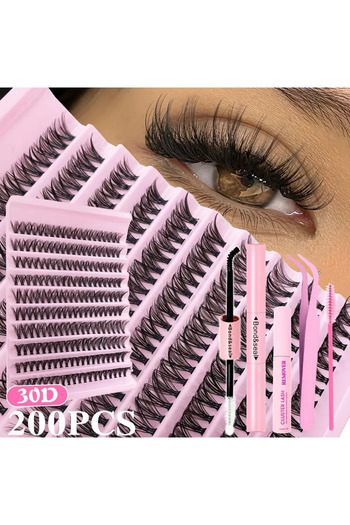 DIYEYELASH 200 Adet Takma Kirpik Uzatma Kiti 30D Kabarık Kirpik Uzantıları,Yapıştırıcı,Cımbız ve Fırça