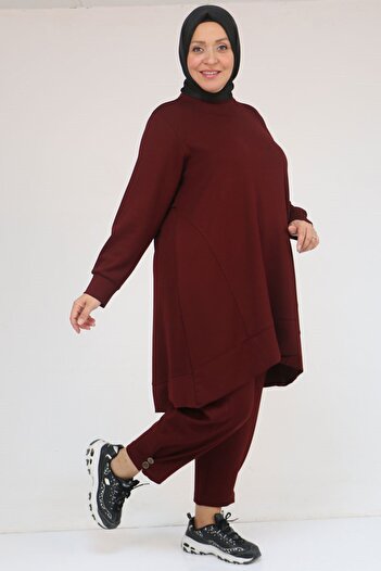 Eslina 57037 Plus Size Button Detailed Modal Trouser Suit - Burgundy