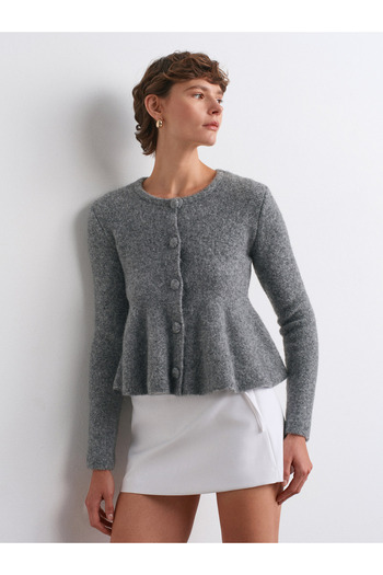 Dilvin 60985 Soft Textured Peplum Buttoned Knit Cardigan-Smoked M.