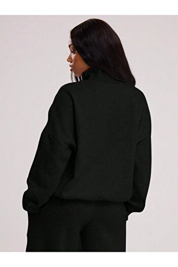 trendgar Siyah WideLeg/Geniş Paça Dik Yaka Sweatshirt /Alt Eşofman Takımı