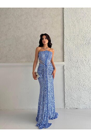 Serica Moda Βραδινό φόρεμα με παγιέτες με λεπτομέρεια στη μέση σε μπλε χρώμα