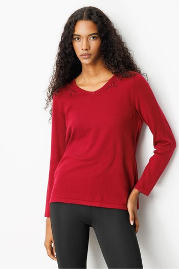 Desen Triko Women's V-Neck Shoulder Beading Embroidered Blouse Cherry