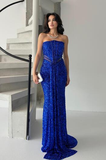 Serica Moda Βραδινό φόρεμα Saks μπλε στράπλες με λεπτομέρεια στη μέση με παγιέτες
