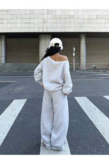 trendgar Gri 23 Baskılı Bol Asimetrik Yakalı Sweatshirt/ WideLeg/Geniş Paça Alt Eşofman Takımı