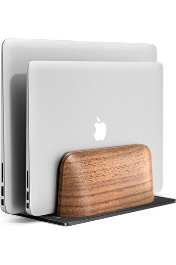 Generic Vertical Laptop Stand, Dual Slot Walnut Wood Laptop Holder for Desk