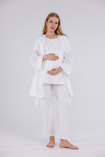Pelin Women's Ecru Linen Maternity 3-Piece Pajama Set