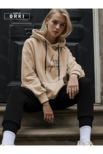 EFFRENATU Women's Beige Oversize Hooded Sweatshirt – Dress to Impress Digital Print