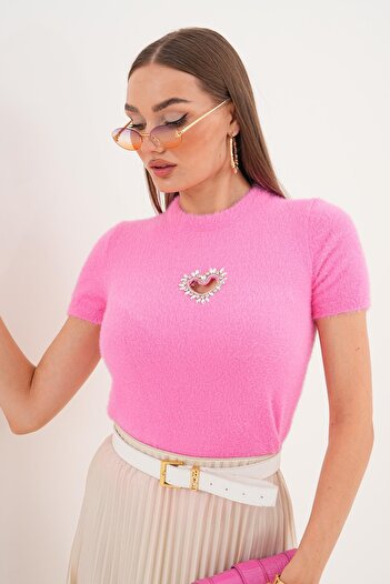 ŞİMAL Women's Heart Cutout Bearded Short Sleeve Sweater 255185 -