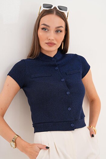 ŞİMAL Women's Short Sleeve Button Detailed Glitter Blouse 255073 -